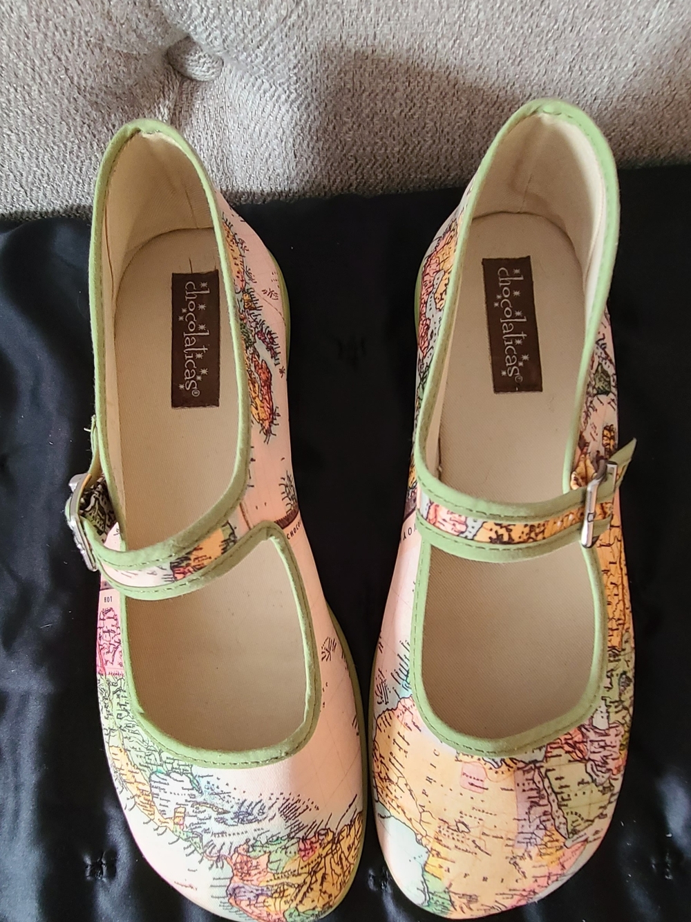 Map-Print Mary Jane Flats with Pastel Green Trim - Picture 5 of 6